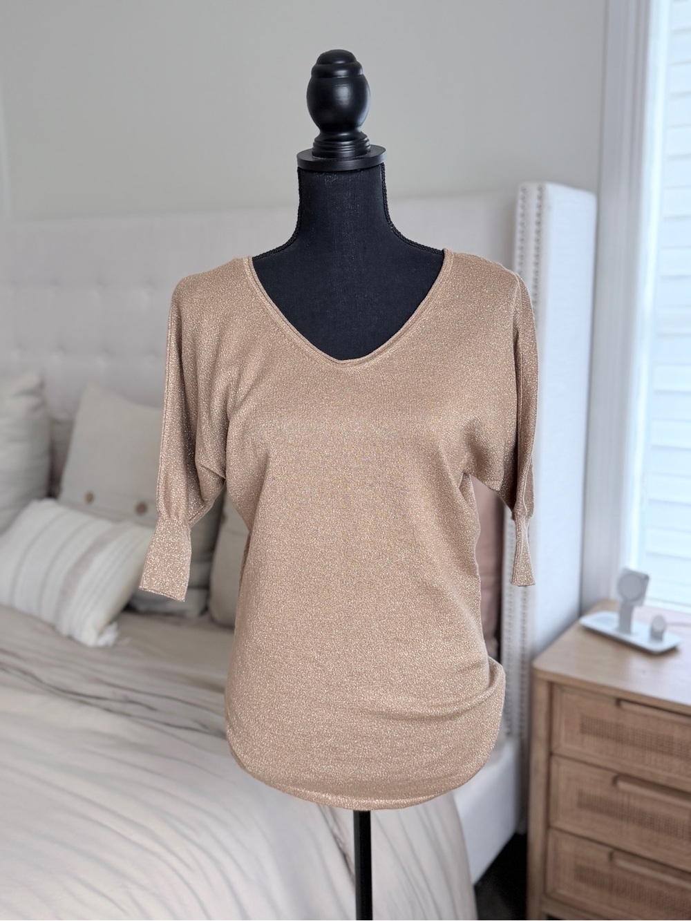 Express Metallic Tan V-Neck Short Sleeve Top